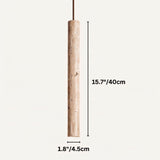 "Short cylindrical pendant light made of yellow travertine stone, showing natural texture, suspended against a plain background."