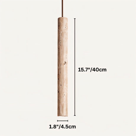 "Short cylindrical pendant light made of yellow travertine stone, showing natural texture, suspended against a plain background."