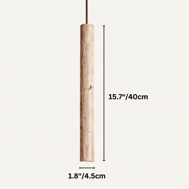 "Short cylindrical pendant light made of yellow travertine stone, showing natural texture, suspended against a plain background."
