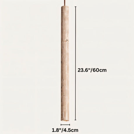 "Cylindrical pendant light made of yellow travertine stone, showcasing its natural textures, suspended against a light background."