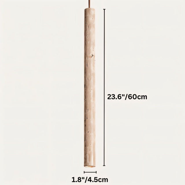 "Cylindrical pendant light made of yellow travertine stone, showcasing its natural textures, suspended against a light background."