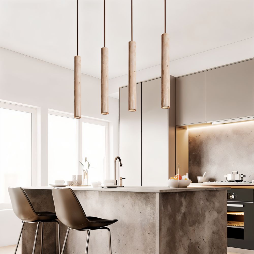 Marus Pendant Light - Open Box | Sleek Travertine Fixture above a kitchen island, perfect for modern kitchens with ambient lighting needs.
