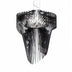 Black metal chandelier with geometric layered design suspended from ceiling against white background.