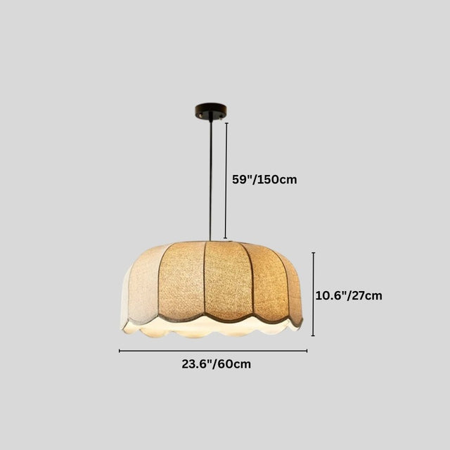 "Mashi pendant light with a fabric shade and dimensions showing 59 inches/150 cm height, 10.6 inches/27 cm shade height, and 23.6 inches/60 cm width."