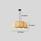 "Mashi pendant light with a fabric shade and dimensions showing 59 inches/150 cm height, 9.8 inches/25 cm shade height, and 21.6 inches/55 cm width."