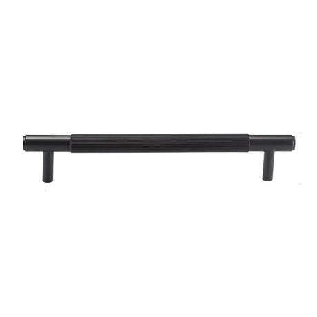 "Modern black brass knurled pull bar for cabinets or drawers on a white background."