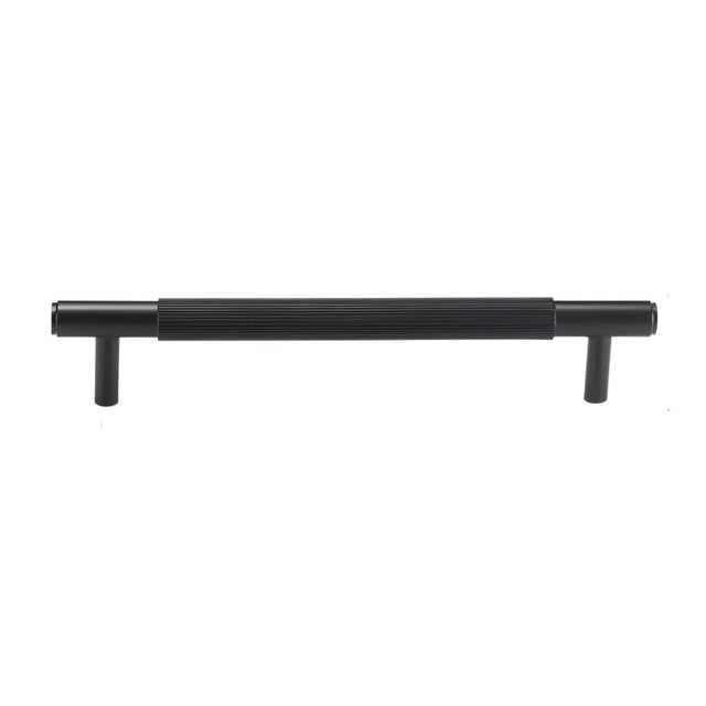 "Modern black brass knurled pull bar for cabinets or drawers on a white background."