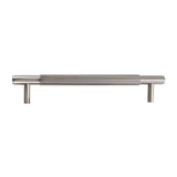 "Modern brushed nickel finish brass knurled pull bar for cabinets or drawers on a white background."