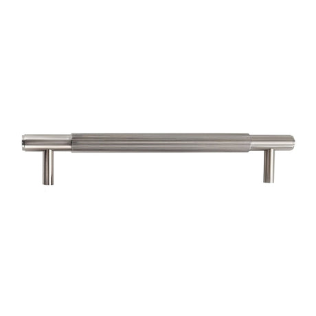 "Modern brushed nickel finish brass knurled pull bar for cabinets or drawers on a white background."