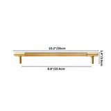 "Dimensions of a modern brass knurled pull bar, showing 10.2 inches in length, 1.4 inches in height, and 8.8 inches in center-to-center width."