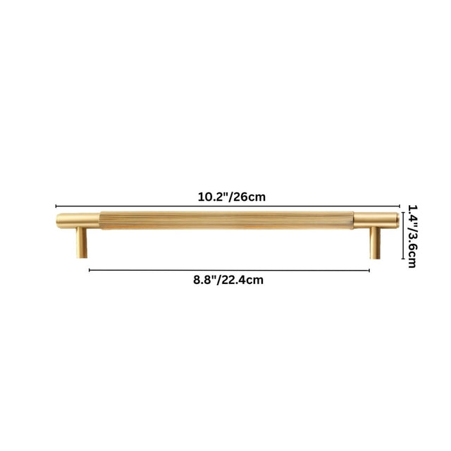 "Dimensions of a modern brass knurled pull bar, showing 10.2 inches in length, 1.4 inches in height, and 8.8 inches in center-to-center width."
