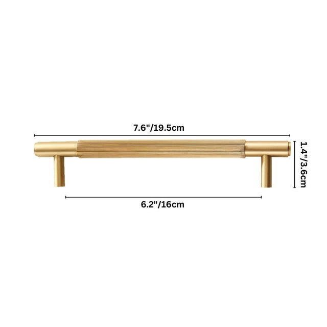 "Dimensions of a modern brass knurled pull bar, showing 7.6 inches in length, 1.4 inches in height, and 6.2 inches in center-to-center width."