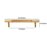 "Dimensions of a modern gold brass knurled pull bar, showing 6.4 inches in length, 1.4 inches in height, and 5 inches in center-to-center width."