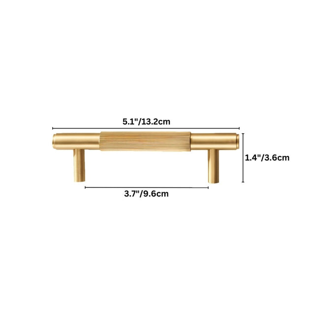 "Dimensions of a modern brass knurled pull bar, showing 5.1 inches in length, 1.4 inches in height, and 3.7 inches in center-to-center width."