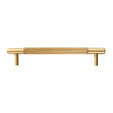 "Modern gold finish brass knurled pull bar for cabinets or drawers on a white background."