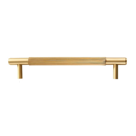 "Modern gold finish brass knurled pull bar for cabinets or drawers on a white background."