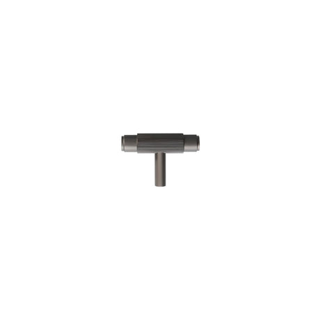 "Modern brushed nickel brass knurled T-bar knob on a white background."