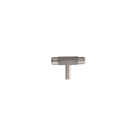 "Modern chrome finish brass knurled T-bar knob on a white background."