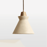Menra Pendant Light - Natural Stone & Wood Design with flared travertine shade and wooden top, ideal for modern or rustic interiors.