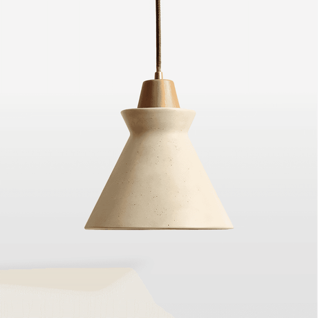 Menra Pendant Light - Natural Stone & Wood Design with flared travertine shade and wooden top, ideal for modern or rustic interiors.