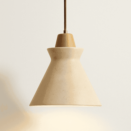 Menra Pendant Light featuring yellow travertine and wood, perfect for ambient lighting in dining rooms, kitchens, or entryways.