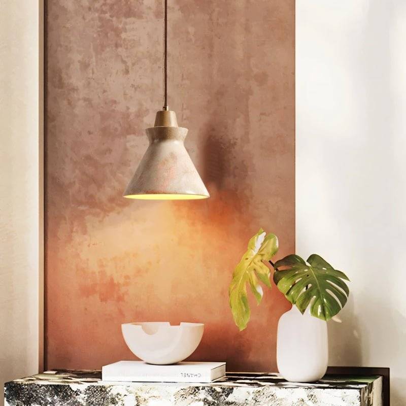 Menra Pendant Light in a modern rustic hallway, combining natural travertine and wood for stylish indoor lighting.