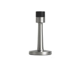 "Sleek, cylindrical door stop in brushed nickel zinc-alloy with a sturdy base and extended arm to prevent doors from hitting walls in modern interiors."