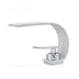 Modern bathroom faucet with curved spout in brushed chrome and white finish on white background.