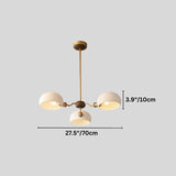 "Dimensions of a modern 3-light chandelier with dome-shaped glass shades and symmetrical arms, crafted from copper and glass."