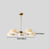 "Dimensions of a modern chandelier with dome-shaped glass shades and symmetrical arms, crafted from copper and glass."