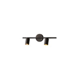"A modern black bathroom vanity light with two adjustable heads mounted on a circular base, isolated on a white background."