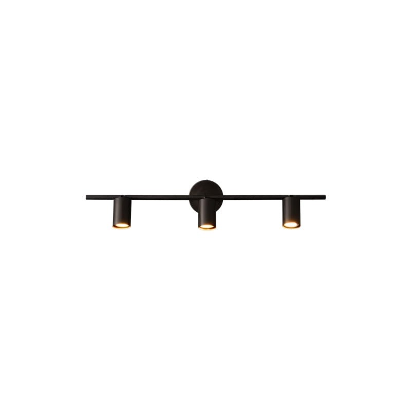 "A modern black bathroom vanity light with three adjustable heads mounted on a circular base, isolated on a white background."