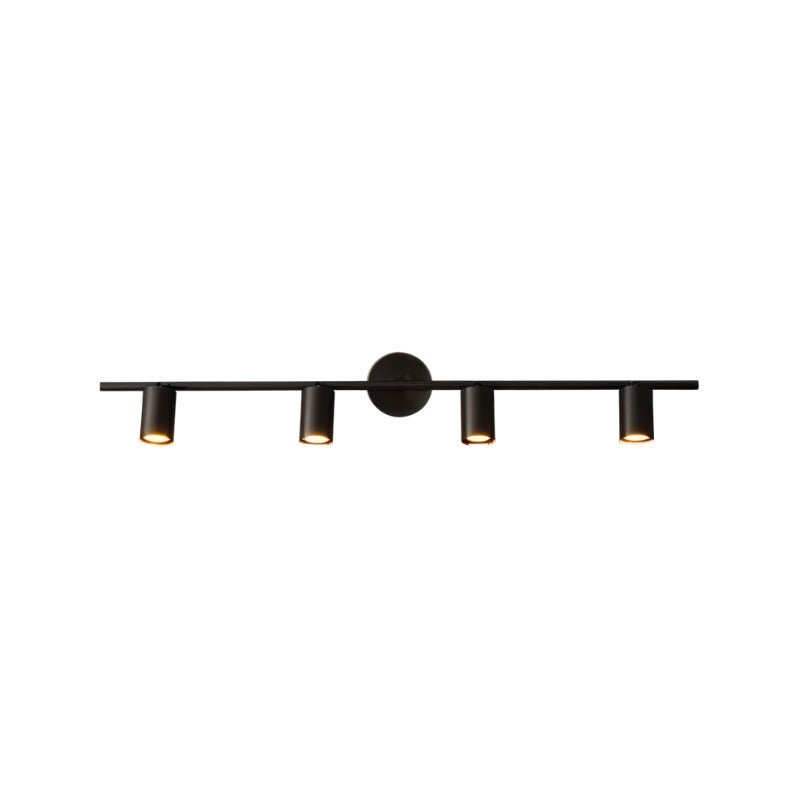 "A modern black bathroom vanity light with four adjustable heads mounted on a circular base, isolated on a white background."
