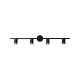 "A modern black bathroom vanity light with four adjustable heads mounted on a circular base, isolated on a white background."