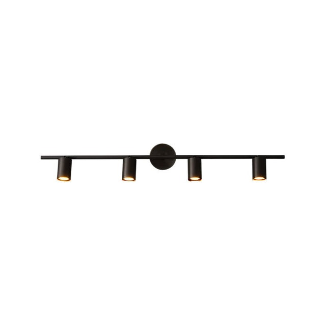 "A modern black bathroom vanity light with four adjustable heads mounted on a circular base, isolated on a white background."