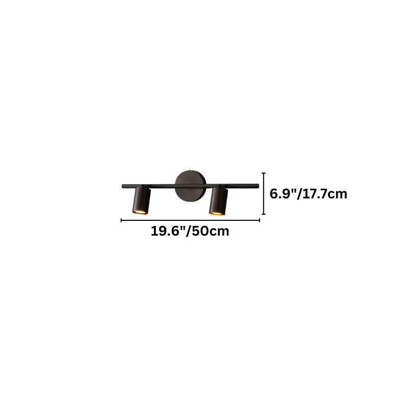 "Dimensions of a modern black bathroom vanity light with two adjustable heads, showing a width of 19.6 inches and a depth of 6.9 inches."