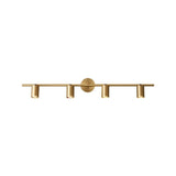 "A modern brass bathroom vanity light with four adjustable heads mounted on a circular base, isolated on a white background."