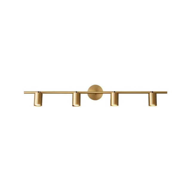 "A modern brass bathroom vanity light with four adjustable heads mounted on a circular base, isolated on a white background."