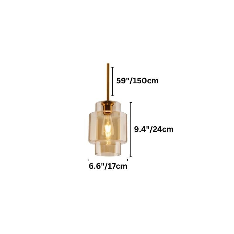 "An amber glass pendant light in a cylindrical shape, showing dimensions of 59 inches, 9.4 inches, and 6.6 inches."