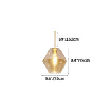 "An amber glass pendant light with geometric shape, showing dimensions of 59 inches, 9.4 inches, and 9.8 inches."