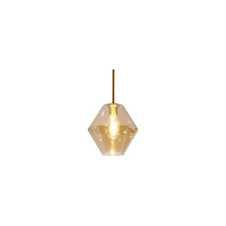 "An amber glass pendant light with a geometric shape, suspended by a thin rod."