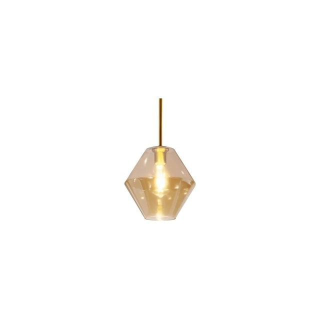 "An amber glass pendant light with a geometric shape, suspended by a thin rod."