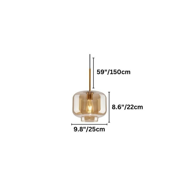 "An amber glass pendant light in a jar shape, showing dimensions of 59 inches, 8.6 inches, and 9.8 inches."