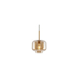 "An amber glass pendant light in a jar shape, suspended by a thin rod."