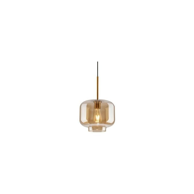 "An amber glass pendant light in a jar shape, suspended by a thin rod."