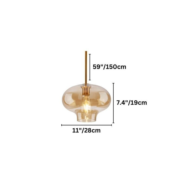 "An amber glass pendant light in a flat onion shape, showing dimensions of 59 inches, 7.4 inches, and 11 inches."