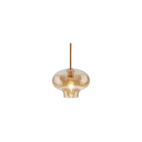 "An amber glass pendant light in a flat onion shape, suspended by a thin rod."