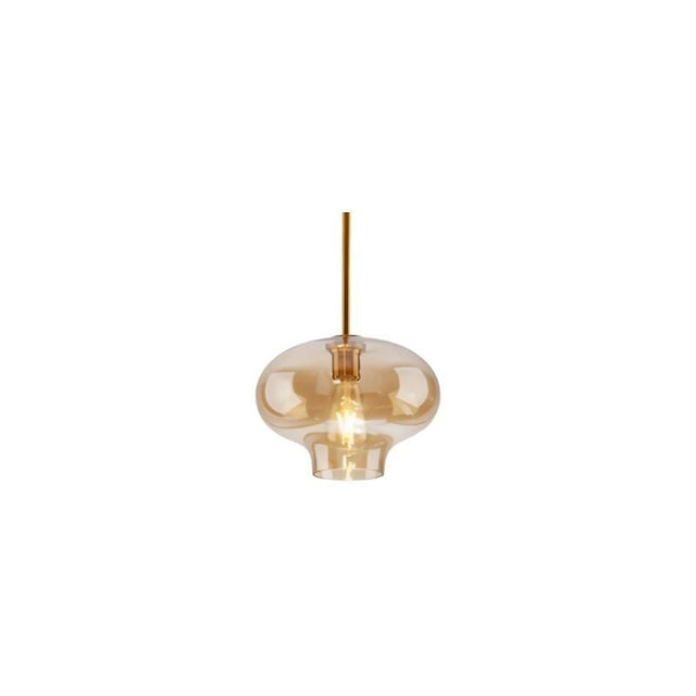 "An amber glass pendant light in a flat onion shape, suspended by a thin rod."
