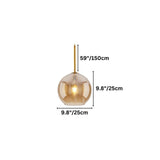 "An amber glass pendant light in a spherical shape, showing dimensions of 59 inches and 9.8 inches."