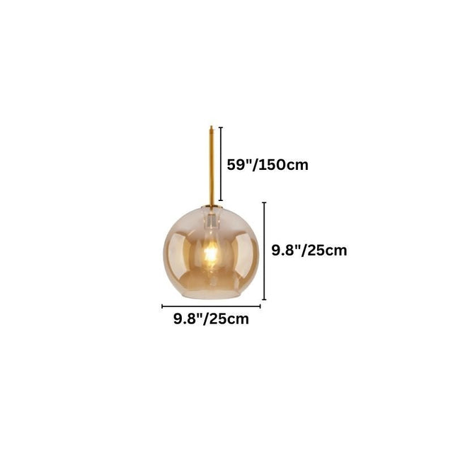 "An amber glass pendant light in a spherical shape, showing dimensions of 59 inches and 9.8 inches."
